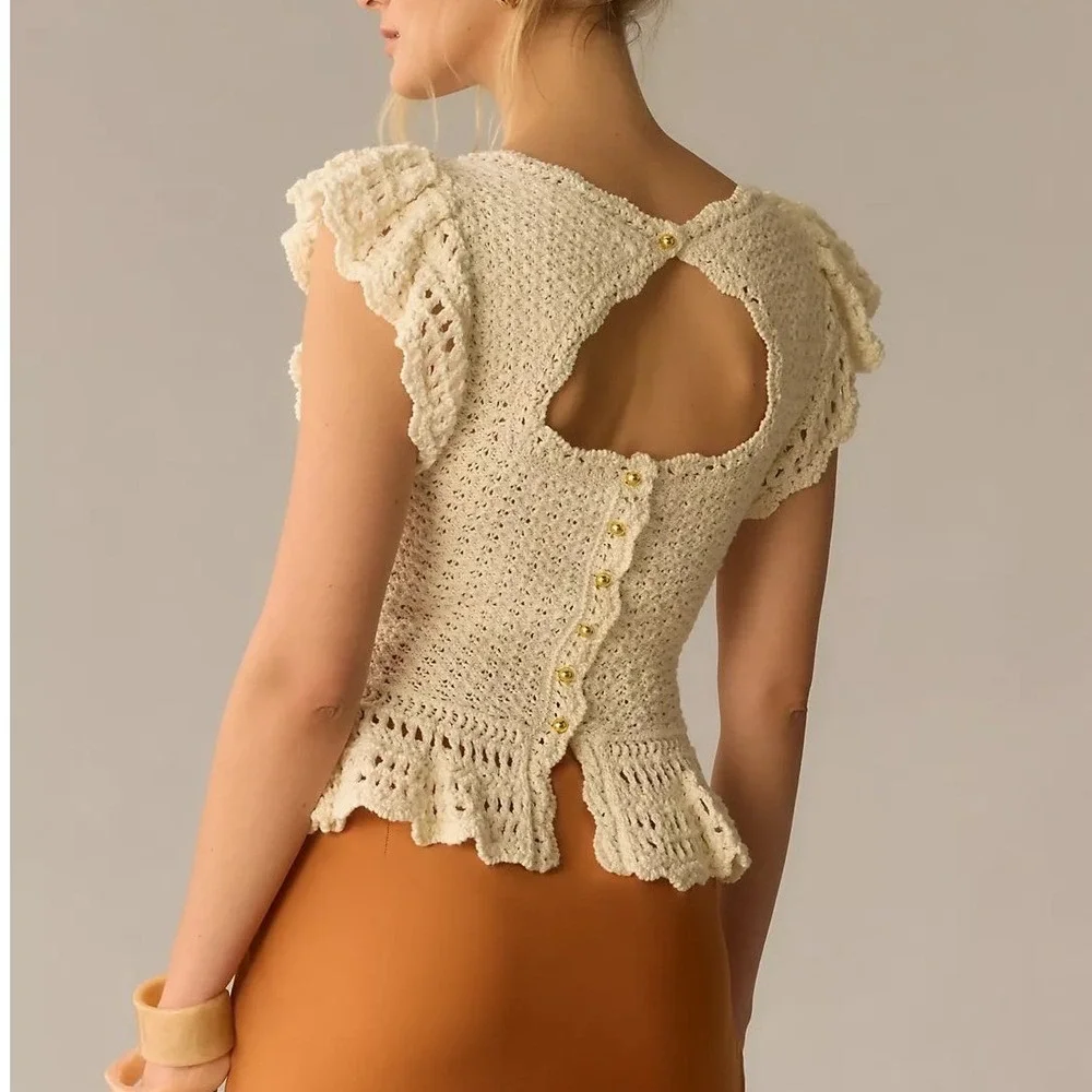 By Anthropologie Flutter-Sleeve Crochet Sweater Top Ivory Cream XL OB1659180